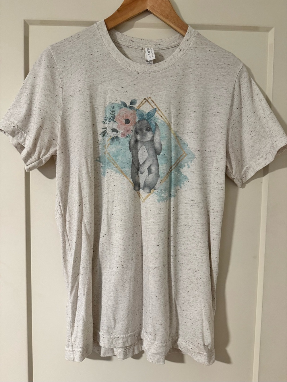 Bella Canvas Cream Tee with Charcoal Speckles Bunny Rabbit with floral design!